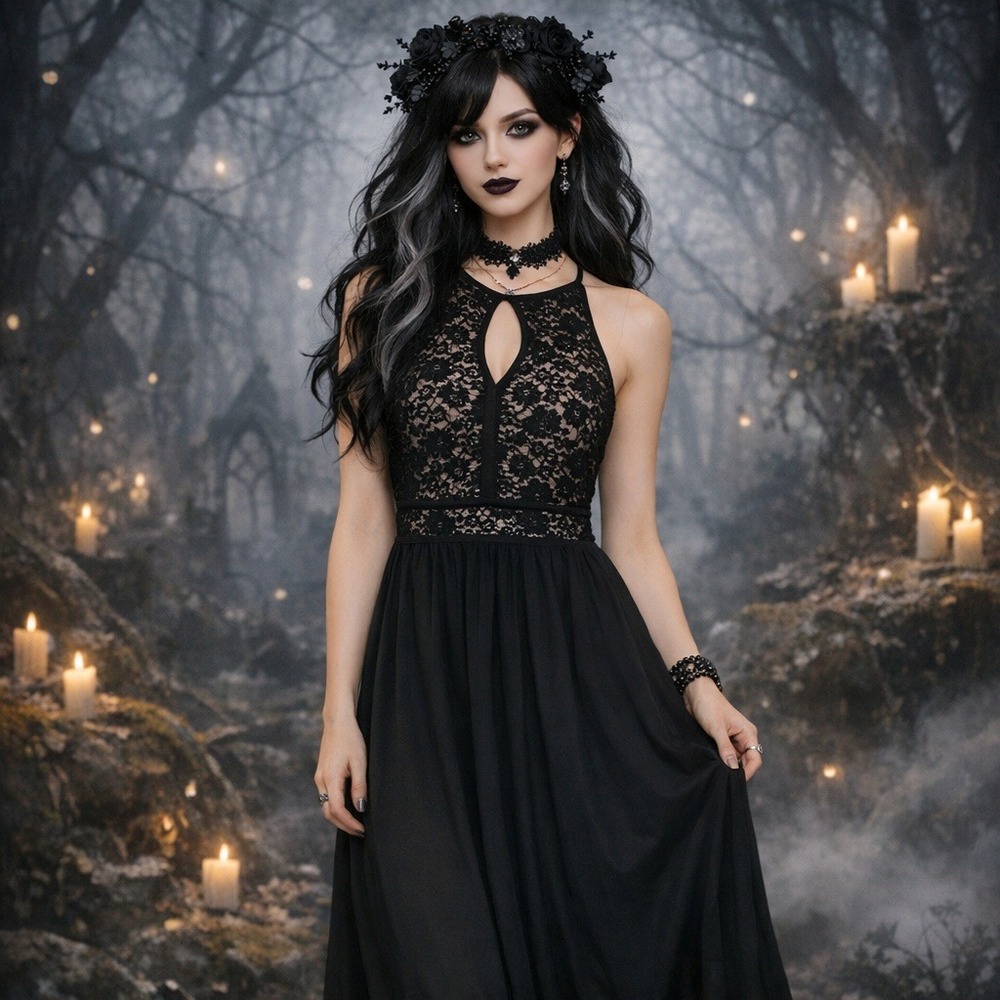 Nightway Black Lace Sequin Halter Neck Party Cocktail Dress‎ Size 8 Goth Witchy
